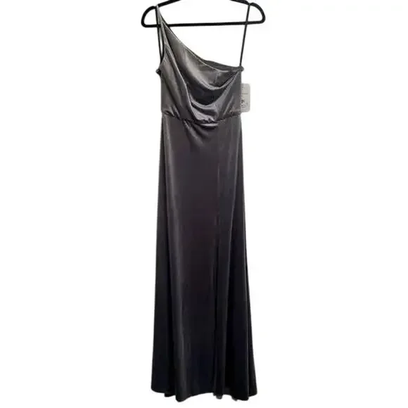 NWT After Six One Shoulder Spaghetti Strap Velvet Maxi Gown Dress 14 Caviar Gray - Picture 2 of 15